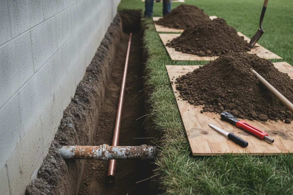 Excavated water line trench during Sewer Line Repair in Esparto